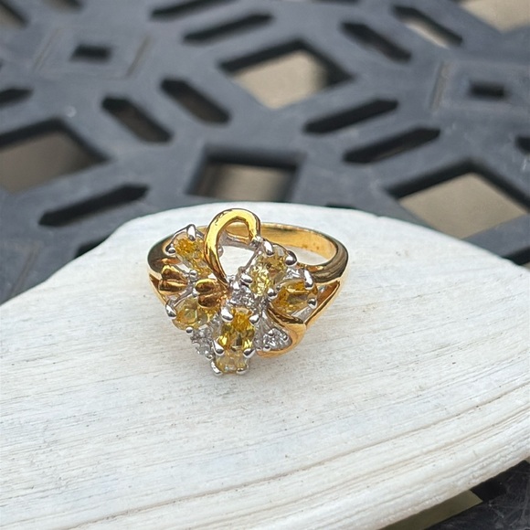 Golden Topaz CZ & Diamond Cluster Cocktail Ring Goldtone Size 6.75 Costume EUC - Picture 11 of 11